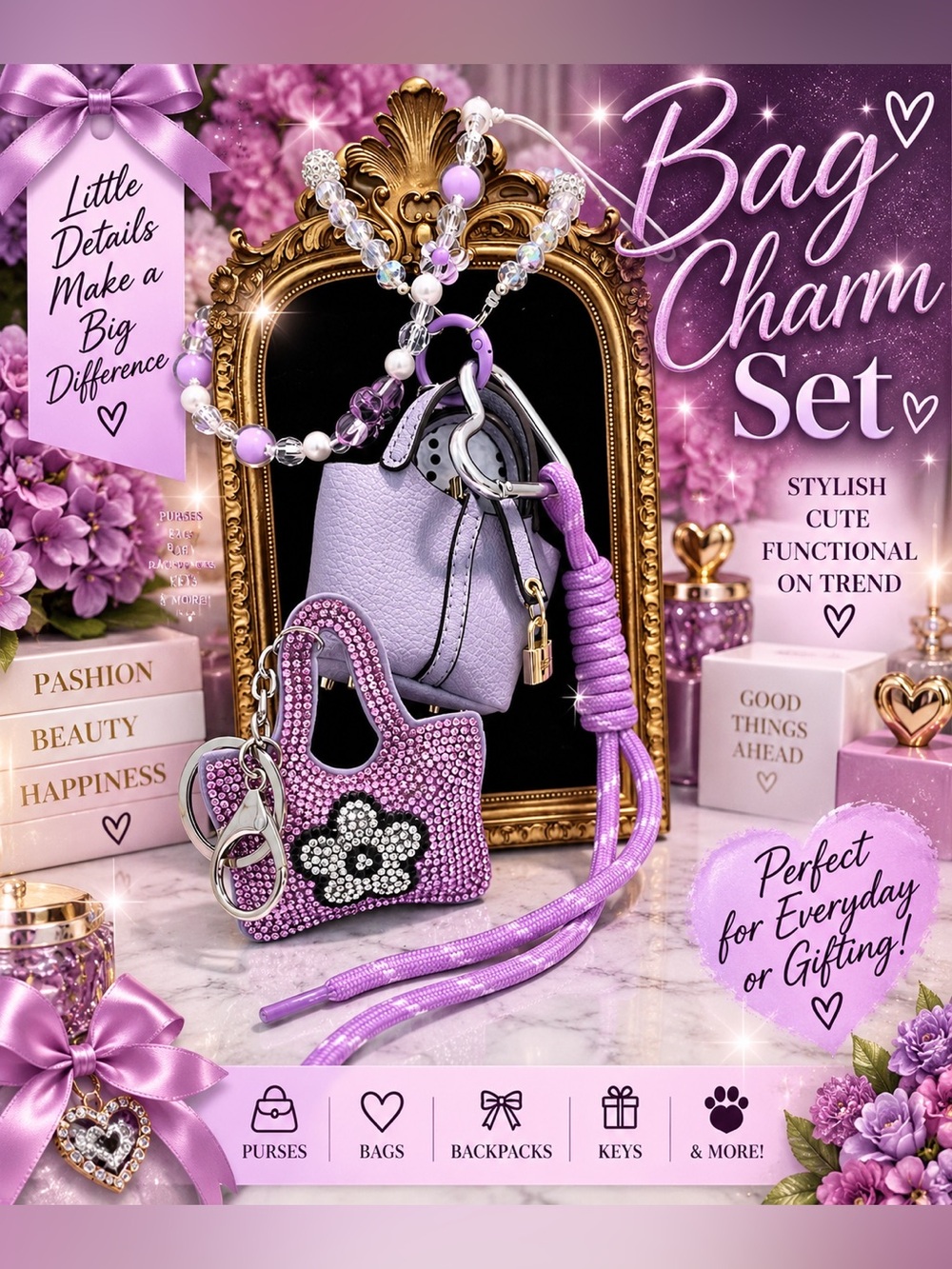 3 piece bag charm set 💜